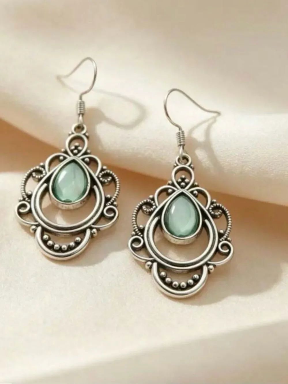 Silver Filigree Teardrop Earrings with Mint Green detail A2113